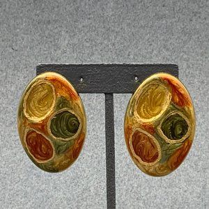 Multicolor Gold Swirl Earrings Pierced Oval Red Blue Green Organic Retro